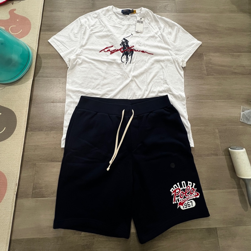 Men’s Polo Ralph Lauren Pony white T-shirt(L)and Navy shorts(M) tracksuit set